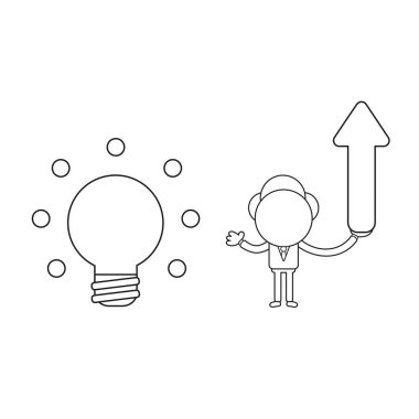 Vektör çizim işadamı karakter holding ok kadar hareketli ve parlayan ampul. Siyah anahat.