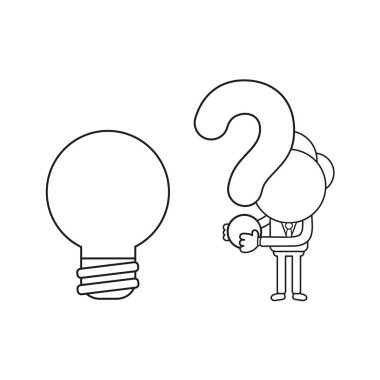 Vektör çizim işadamı karakter ampul ve holding soru işareti ile. Siyah anahat.