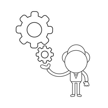 Vektör illüstrasyon işadamı karakter Gears'ı tutuyor. Siyah anahat.