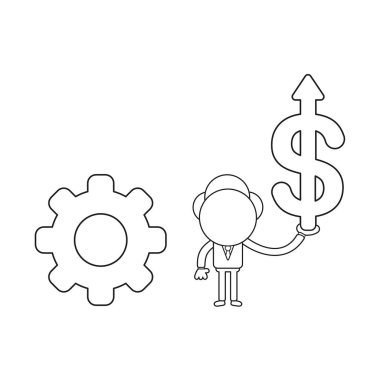 Vektör çizim işadamı karakter kadar hareketli Dişli ve holding doları ok ile. Siyah anahat.