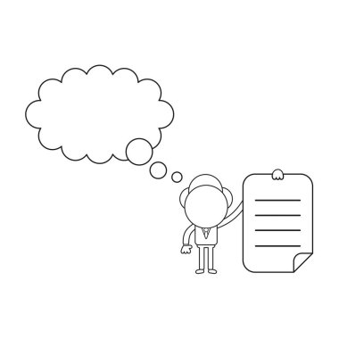 Vektör illüstrasyon işadamı karakter holding kağıt boş düşünce balonu ile yazılmış. Siyah anahat.