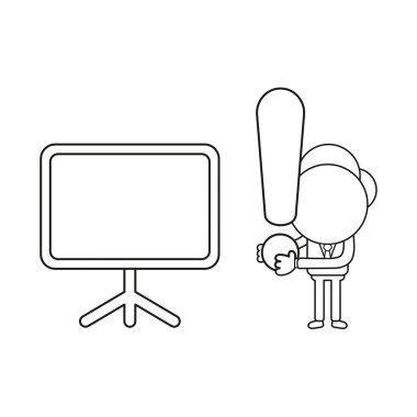 Vektör çizim işadamı karakter holding ünlem işareti boş sunu grafik ile. Siyah anahat.