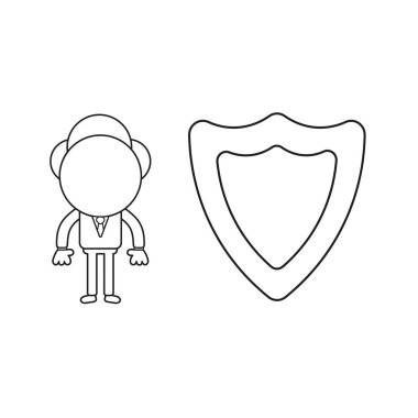 Vektör illüstrasyon iş adamı karakter koruma kalkanı tutarak. Siyah anahat.