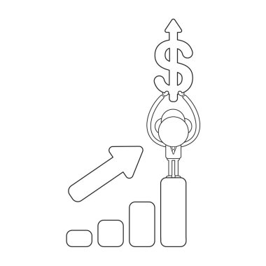 Vektör çizim işadamı karakter ayakta kadar hareketli ve yukarı hareket ok ile doları sembolü kadar holding satış çubuk grafiği. Siyah anahat.