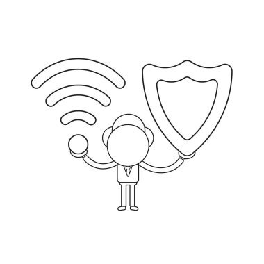 Vektör illüstrasyon iş adamı karakter kablosuz wifi sembolü ve koruma kalkanı tutarak. Siyah anahat.
