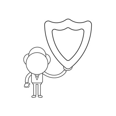 Vektör illüstrasyon iş adamı karakter koruma kalkanı tutarak. Siyah anahat.