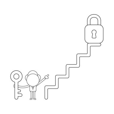 Vektör çizim işadamı karakter holding anahtar ve merdiven üstünde işaretleme asma kilit. Siyah anahat.