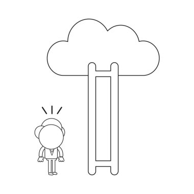 Vektör illüstrasyon iş adamı karakter ahşap merdiven eksik adımları ile bulut ulaşmak için arıyorsunuz. Siyah anahat.