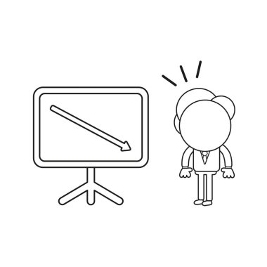 Vektör çizim işadamı karakter satış grafiği ok aşağı hareket arıyorum. Siyah anahat.