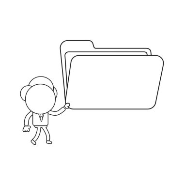 Yürüyüş ve açık dosya klasörü holding vektör çizim işadamı karakter. Siyah anahat.