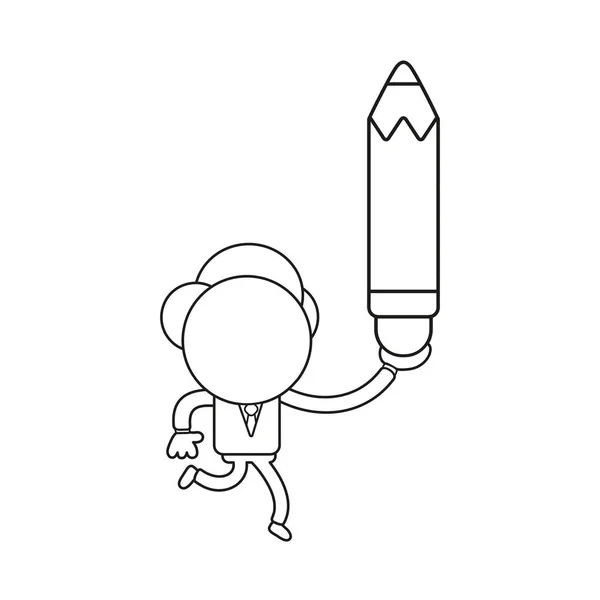 Vector Illustration Businessman Character Running Holding Pencil Black Outline — Stock Vector
