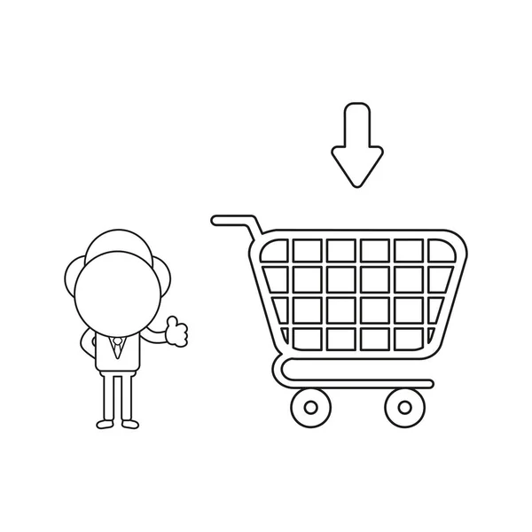 矢量插图商人字符 显示与购物车竖起大拇指 黑色轮廓 — 图库矢量图片