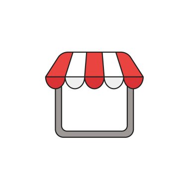 Düz tasarım stili beyaz arka plan üzerinde tenteli dükkan ya da mağaza sembol simge vektör çizim. Renkli, siyah anahatlar.