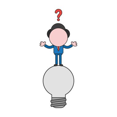 Vektör çizim ampul üzerinde işadamı karakter duran karıştı. Renk ve siyah anahatlar.