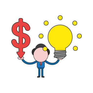 Vektör çizim işadamı karakter doları ok tutmuyor ve ampul fikir parlayan. Renk ve siyah anahatlar.