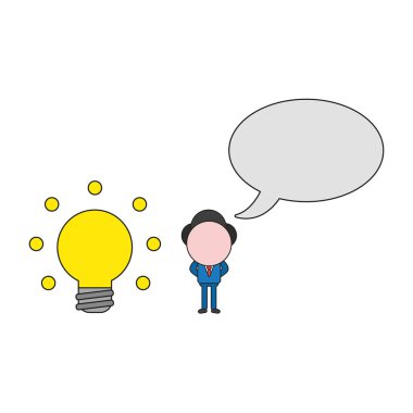 Vektör çizim işadamı karakter parlayan ampul ve boş konuşma balonu. Renk ve siyah anahatlar.