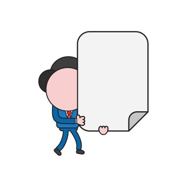 Yürüyüş ve boş kağıt tutan vektör çizim işadamı karakter. Renk ve siyah anahatlar.