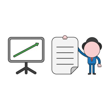 Vektör çizim işadamı karakter kadar hareketli ve yazılı kağıt holding satış grafiği ok ile. Renk ve siyah anahatlar.