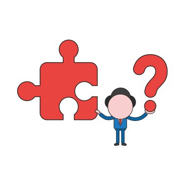 Vektör illüstrasyon iş adamı karakter eksik yapboz parçası ve soru işareti. Renk ve siyah anahatlar.