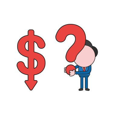 Vektör çizim işadamı karakter aşağıya taşınması ve soru işareti tutarak doları ok ile. 