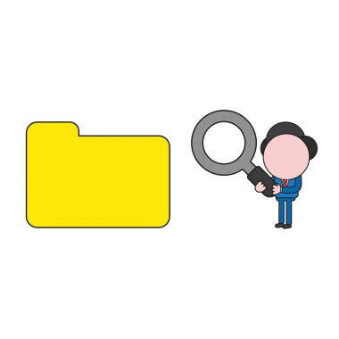 Vektör çizim işadamı karakter holding Büyüteç dosya klasörüne. Renk ve siyah anahatlar.