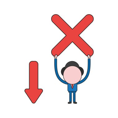 Vektör çizim işadamı karakter hareket ok ve yukarı tutarak x işareti ile. Renk ve siyah anahatlar.