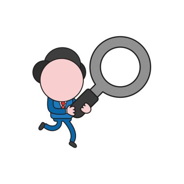 Çalışan ve Büyüteç Camı tutan vektör çizim işadamı karakter. Renk ve siyah anahatlar.