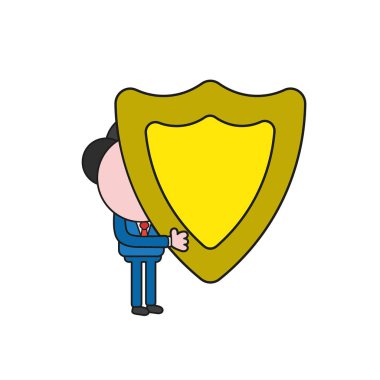 Vektör illüstrasyon iş adamı karakter koruma kalkanı tutarak. Renk ve siyah anahatlar.