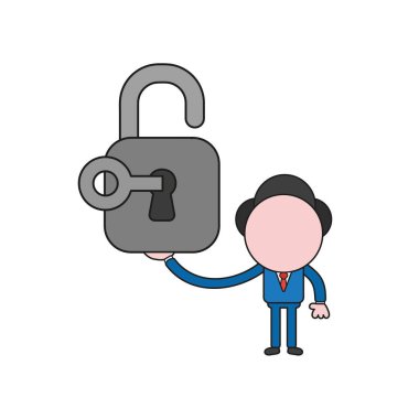 Vektör çizim işadamı karakter holding açık asma kilit ile anahtar. Renk ve siyah anahatlar.