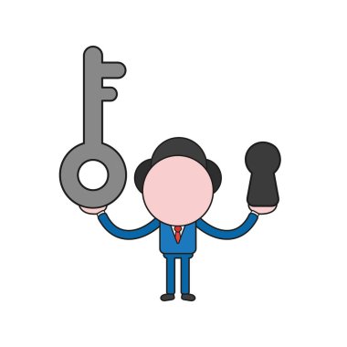 Vektör illüstrasyon iş adamı karakter holding anahtar ve anahtar deliği. Renk ve siyah anahatlar.