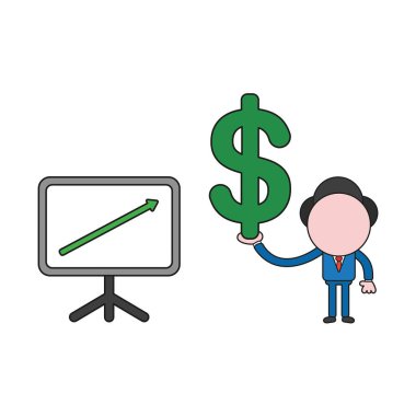 Vektör çizim işadamı karakter kadar hareketli ve doları sembolü holding satış grafiği ok ile. Renk ve siyah anahatlar.