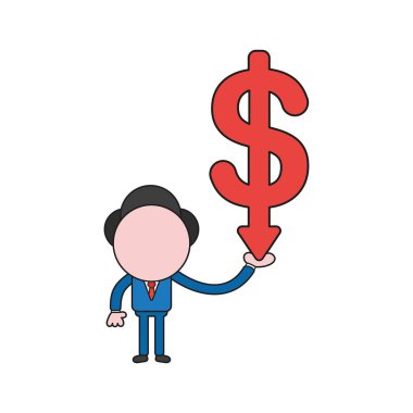 Vektör illüstrasyon iş adamı karakter doları ok aşağı hareket tutarak. Renk ve siyah anahatlar.