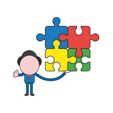 Vektör çizim işadamı karakter dört bağlı jigsaw puzzle parçaları tutarak ve mimik yaşasın. Renk ve siyah anahatlar.