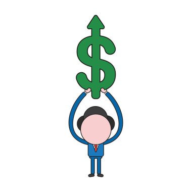 Vektör illüstrasyon iş adamı karakter yukarı hareket doları ok gidiyor. Renk ve siyah anahatlar.