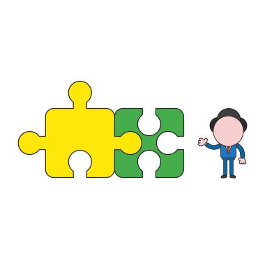Vektör çizim işadamı karakter iki bağlı jigsaw puzzle parçaları ile. Renk ve siyah anahatlar.