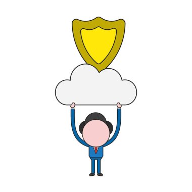 Vektör illüstrasyon iş adamı karakter bulut koruma kalkanı ile gidiyor. Renk ve siyah anahatlar.
