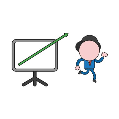 Vektör illüstrasyon iş adamı karakter grafik dışarı hareketli satış grafiği ok ile çalışan. Renk ve siyah anahatlar.