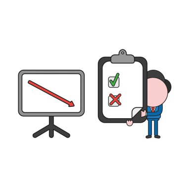 Vektör çizim işadamı karakter aşağıya taşınması ve Pano onay ile ve işaretleri x holding satış grafiği ok ile. Renk ve siyah anahatlar.