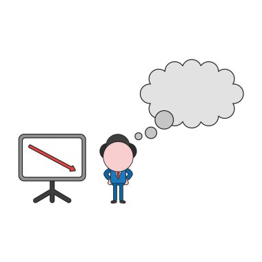 Vektör çizim işadamı karakter boş düşünce balonu ve satış grafiği ok aşağı hareket ile. Renk ve siyah anahatlar.