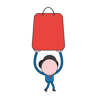 Yürüyüş ve alışveriş çantası tutarak vektör illüstrasyon iş adamı karakter. Renk ve siyah anahatlar.