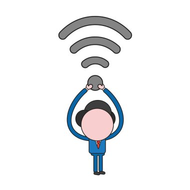 Çalışan ve kablosuz wifi sembolü taşıyan vektör çizim işadamı karakter. Renk ve siyah anahatlar.