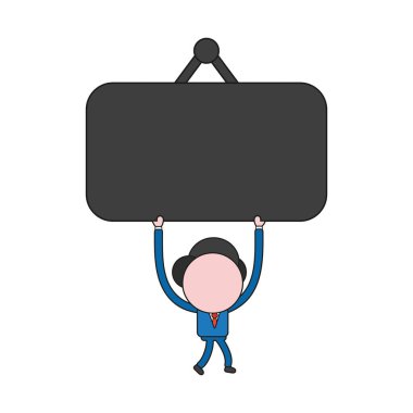 Vektör illüstrasyon iş adamı karakter yürüyüş ve boş siyah işareti asılı tutmak. Renk ve siyah anahatlar.