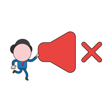 Vektör çizim işadamı karakter çalıştıran ve sesi kapatma simgesi taşıyan. Renk ve siyah anahatlar.