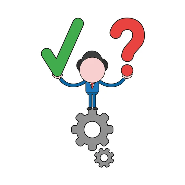 Vector Illustration Businessman Character Standing Gears Holding Check Mark Question — Stock Vector