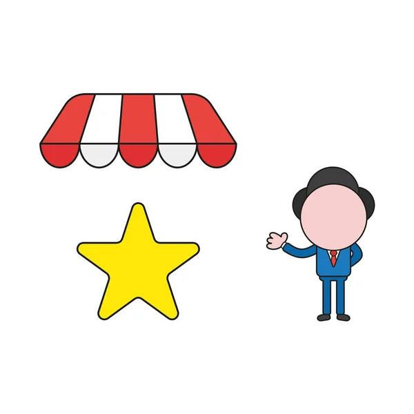 Ilustración Vectorial Personaje Hombre Negocios Con Estrella Bajo Toldo Tienda — Vector de stock