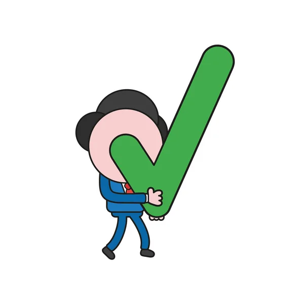 Ilustración Vectorial Personaje Hombre Negocios Caminando Sosteniendo Marca Verificación Color — Vector de stock