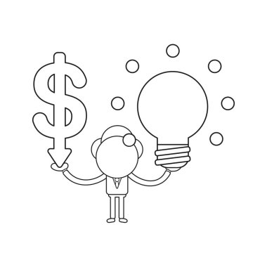 Vektör çizim işadamı karakter doları ok tutmuyor ve ampul fikir parlayan. Siyah anahat.