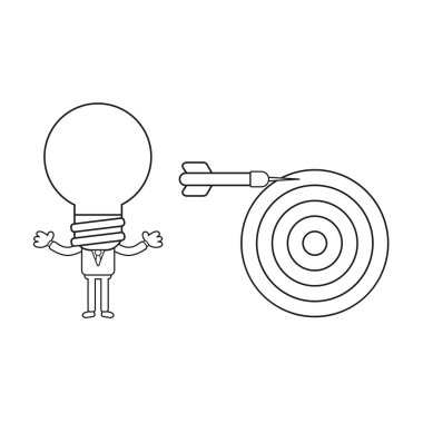 Vektör çizim işadamı karakter 8light ampul kafa ve dart ile boğa göz işareti özledim. Siyah anahat.