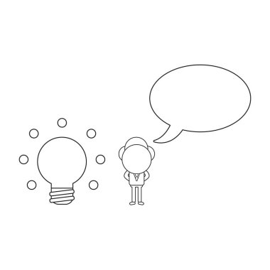 Vektör çizim işadamı karakter parlayan ampul ve boş konuşma balonu. Siyah anahat.