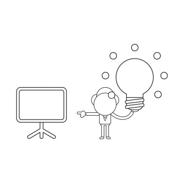 Holding parlayan ampul fikir ve işaretleme boş sunu grafik vektör illüstrasyon işadamı karakter. Siyah anahat.